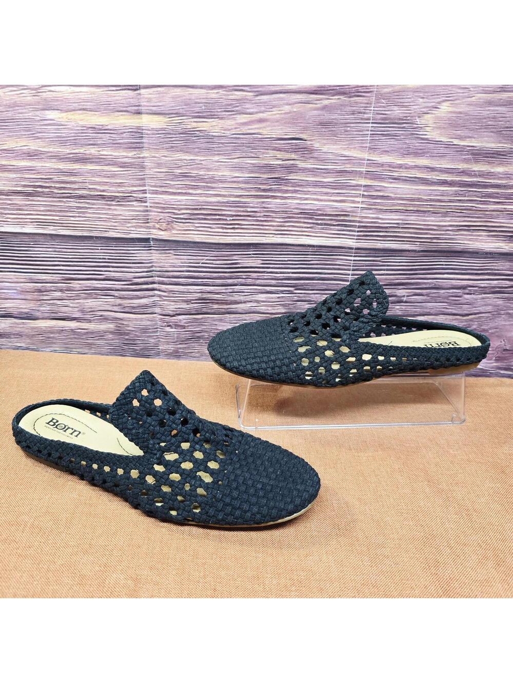 Born Black Slip On Crochet Flats Shoes Women’s 9 Excellent Condition